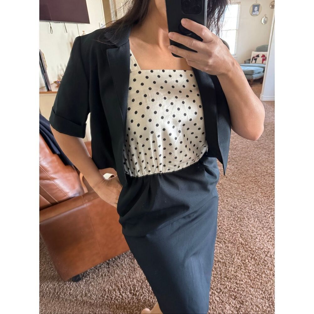 Vintage dress women’s medium retro white black polka dot sleeveless cape cropped